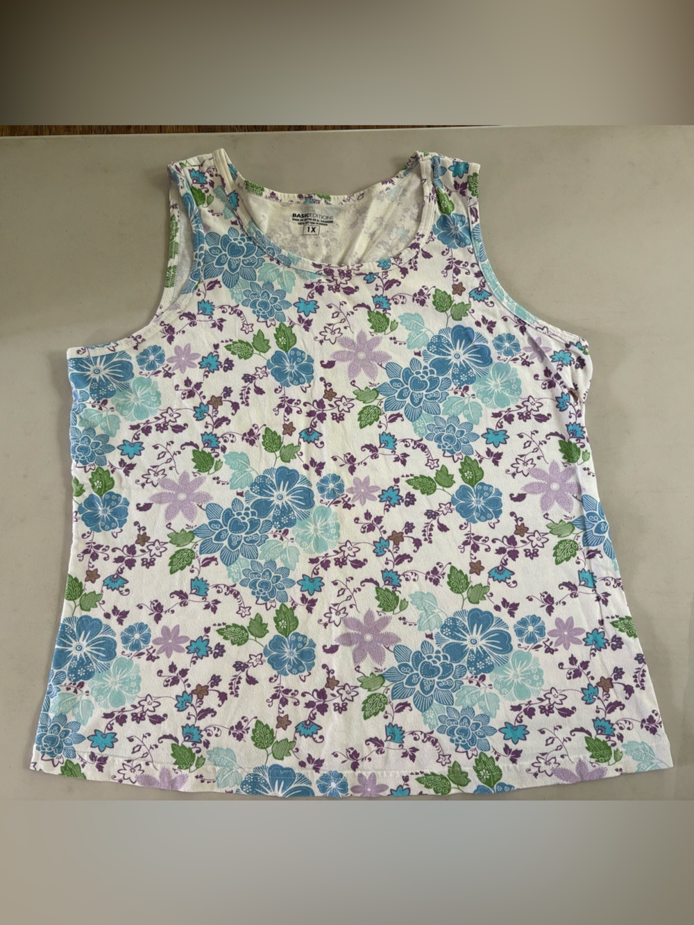 Basic Editions White Tank with Blue, Purple & Green Floral Print